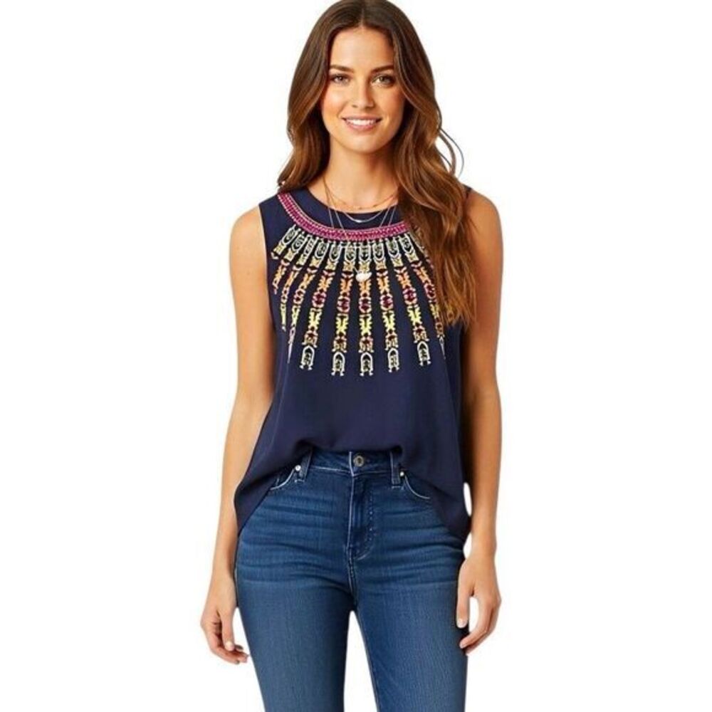 J.Crew Womens Blouse Sz 2 Embroidered Tribal Ethnic Musical Festival Indie Blue